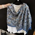 Elegant blue floral lightweight silk shawl scarf with decorative tassels for women - 180cm / Antique Blue Floral