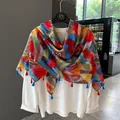 Lightweight summer shawl for women featuring multicolor geometric patterns and tassels - 180cm / Geometric Multicolor
