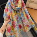 Vibrant floral print cotton linen scarf with elegant yellow tassels for beach sun protection - 180cm / Fuchsia Floral