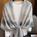 Elegant printed shawl with blue ethnic patterns on cream background for stylish women - 180cm / Blue Rhyme Rhombus