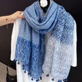 Vintage style blue and white patterned lightweight silk scarf shawl with tassel edges - 180cm / Blue Totem