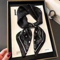 Elegant black square silk scarf with white paisley pattern for women's neckwear - Paisley Four-Dot Border 70cm Scarf / Black