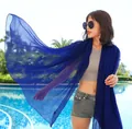 Sheer navy blue oversized sun protection shawl scarf for women in poolside summer setting - Long (140-180cm) / Sapphire Blue