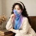 Detailed view of a stylish gradient sun protection silk face mask worn by an Asian model - 50*50CM / Pink Blue Purple Gradient