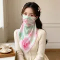 Close-up detail of breathable floral UV face mask scarf for elegant sun protection - 50*50CM / Pink and Green Rose