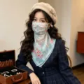 Floral sun protection face mask scarf shown on model with elegant vintage styling. - 50*50CM / Light Blue-Green Floral