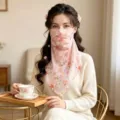 Asian model wearing a pink floral sun protection scarf mask with elegant hair accessories - 50*50CM / Pink Cherry Blossom