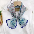 Elegant light blue floral print chiffon silk scarf necktie fashion accessory for women - Blue Floral