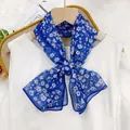Elegant blue floral chiffon scarf for women, thin lightweight long neck tie for spring summer - Serissa (Blue with White Floral)
