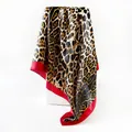 Elegant leopard print satin square scarf featuring a bold red border, size 90x90cm. - Leopard Red