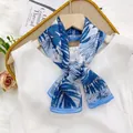 Elegant blue palm leaf print thin silk scarf tied on white dress accessory for women - Monstera Leaf