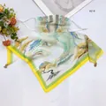 Elegant UV protection sun mask silk scarf with yellow border and landscape print - 50*50CM / Cyan Landscape Print