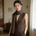 Elegant brown patterned silk scarf for women, thin long strip neckerchief. - Brown Polka Dot
