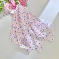 Elegant floral square neck scarf with pink and blue daisy print on cotton-linen fabric - 58x58cm / Blue Pink Floral