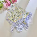 Floral print small square scarf with blue gingham border for neck accessory decoration - 58x58cm / Blue Daisy