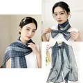Elegant navy blue floral print thin long scarf ribbon for women's fashion neck styling - Flowers in Foggy Sea