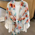 Elegant floral print cotton linen shawl with tassels for women, lightweight summer wrap - 180cm / Watercolor Poppy