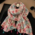 Elegant lightweight floral print shawl scarf with vibrant tassels for women beach sun protection - 180cm / Pink Tone Flowers