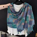 Elegant vintage floral printed silk scarf shawl with delicate tassels for early autumn - 180cm / Green Flower Field