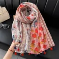 Elegant bohemian floral cotton linen scarf with colorful tassels for beach and sun protection - 180cm / Red Flower Branches