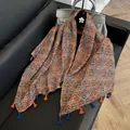 Elegant bohemian geometric print scarf with tassels in rich Maillard tones for autumn - 180cm / Eye of the Wind