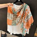Summer thin patchwork shawl scarf with geometric floral patterns and colorful tassels. - 180cm / Unique Pattern Color