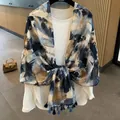 Elegant vintage style abstract print silk shawl with tassel trim in Maillard tones for women - 180cm / Grey Blue Graffiti
