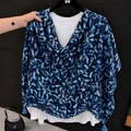 Soft and elegant blue leaf print silk scarf shawl with stylish tassel detail for women - 180cm / Ink Orchid Whispers