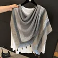 Elegant summer thin silk shawl scarf with grey-blue stripes and tassel details - 180cm / Blue-Grey Small Check