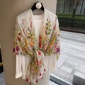 Elegant lightweight floral print summer shawl with vibrant red tassel accents for women - 180cm / Spring Garden Floral