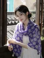 Elegant purple lightweight floral scarf with white daisy print and decorative tassels - 180cm / Purple Small Daisy