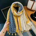 Vintage polka dot printed silk scarf in Maillard yellow and blue with tassels - 180cm / Blue And Yellow Dots