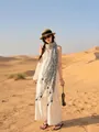 Elegant floral print cotton linen scarf with blue tassels for sun protection in desert - 180cm / Vintage Blue