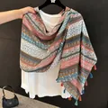 Bohemian printed summer shawl with tassels, lightweight sun protection scarf for women - 180cm / Sanskrit Rhyme