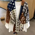 Vintage Maillard style polka dot printed silk scarf shawl in brown and navy patchwork - 180cm / Color-Block Large Polka Dots