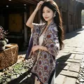 Elegant vintage Maillard style printed silk scarf shawl for autumn, soft and versatile - 180cm / Blooming Journey Floral