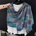 Elegant floral patchwork silk shawl scarf with stylish tassel trim for summer outfits. - 180cm / Green Flower Field