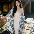 Elegant lightweight white and blue butterfly printed scarf shawl with fringe for autumn - 180cm / Celadon Butterfly