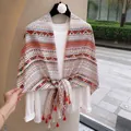 Bohemian ethnic patterned summer scarf for women with vibrant colors and red tassels detail. - 180cm / Ethnic Geometric Tassel