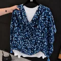 Elegant women's blue leaf print lightweight summer shawl scarf with tassel detail - 180cm / Ink Orchid Whispers