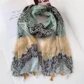 Vintage style paisley print lightweight shawl scarf with decorative tassels in earth tones - 180cm / Beige Green Small Floral