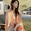 Elegant Maillard style printed silk scarf shawl for autumn with paisley pattern - 180cm / Soft Pink