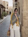 Elegant cotton linen scarf with black and yellow geometric patterns for sun protection - 180cm / Vienna