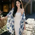 Elegant lightweight silk shawl with blue butterfly print for summer sun protection and styling - 180cm / Celadon Butterfly