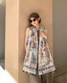 Elegant women floral beach shawl with blue and orange ocean patterns and decorative tassels - 180cm / Sea Coral Love