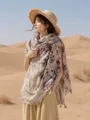 Elegant floral printed shawl scarf in Maillard tones for early autumn aesthetic - 180cm / Ink Peony