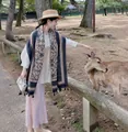 Elegant vintage Maillard style printed silk scarf shawl with tassels for autumn - 180cm / Black & White Ethnic