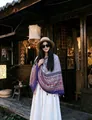 Large bohemian ethnic print cotton linen shawl with tassels for beach sun protection - 180cm / Peach & Navy Totem