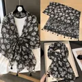 Elegant vintage floral print scarf shawl with tassel fringe detail in black and grey tones - 180cm / Daisy