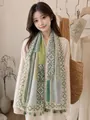 Elegant green patchwork cotton linen scarf shawl with tassels for women summer wear - 180cm / Pretty Matcha